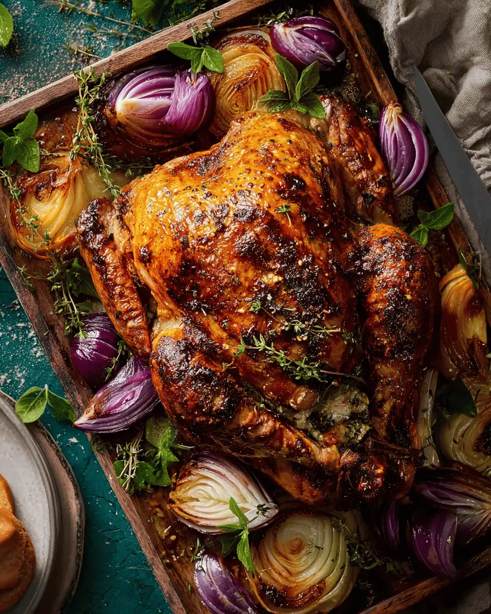 French Onion Turkey - The Ultimate Holiday Roast 4 close-up of a carved turkey breast, showing the moist, tender white meat and the caramelized, spiced skin.