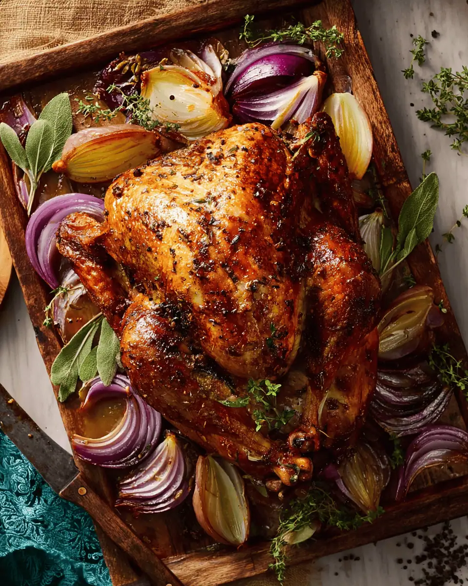 French Onion Turkey - The Ultimate Holiday Roast 2 The turkey in a roasting pan, surrounded by tender, savory roasted onion wedges and thyme sprigs.