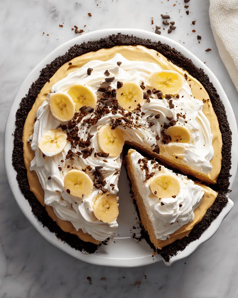 Peanut Butter Banana Pie - No-Bake Creamy Delight 1 A whole, no-bake peanut butter banana pie with a chocolate crust and a topping of fresh whipped cream and cacao nibs.