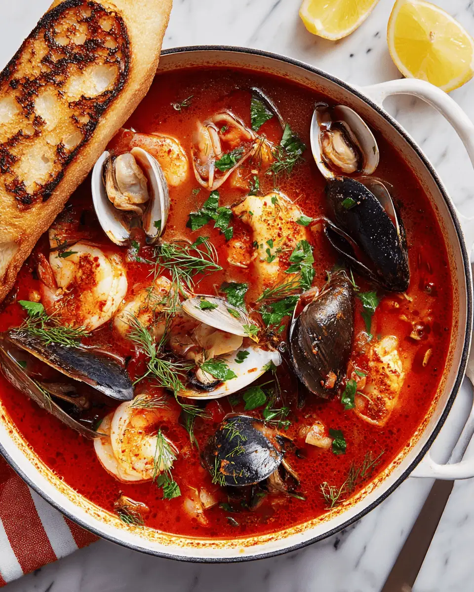 Classic Cioppino - San Francisco's Famous Seafood Stew 3 A large bowl of red Cioppino seafood stew, showing the various shells, shrimp, and fish pieces.