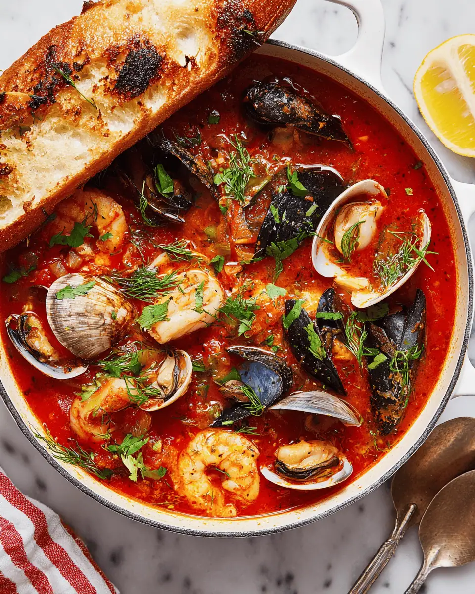 Classic Cioppino - San Francisco's Famous Seafood Stew 2 An overhead shot of a pot of Cioppino, highlighting the staged layers of seafood and the thick tomato broth.