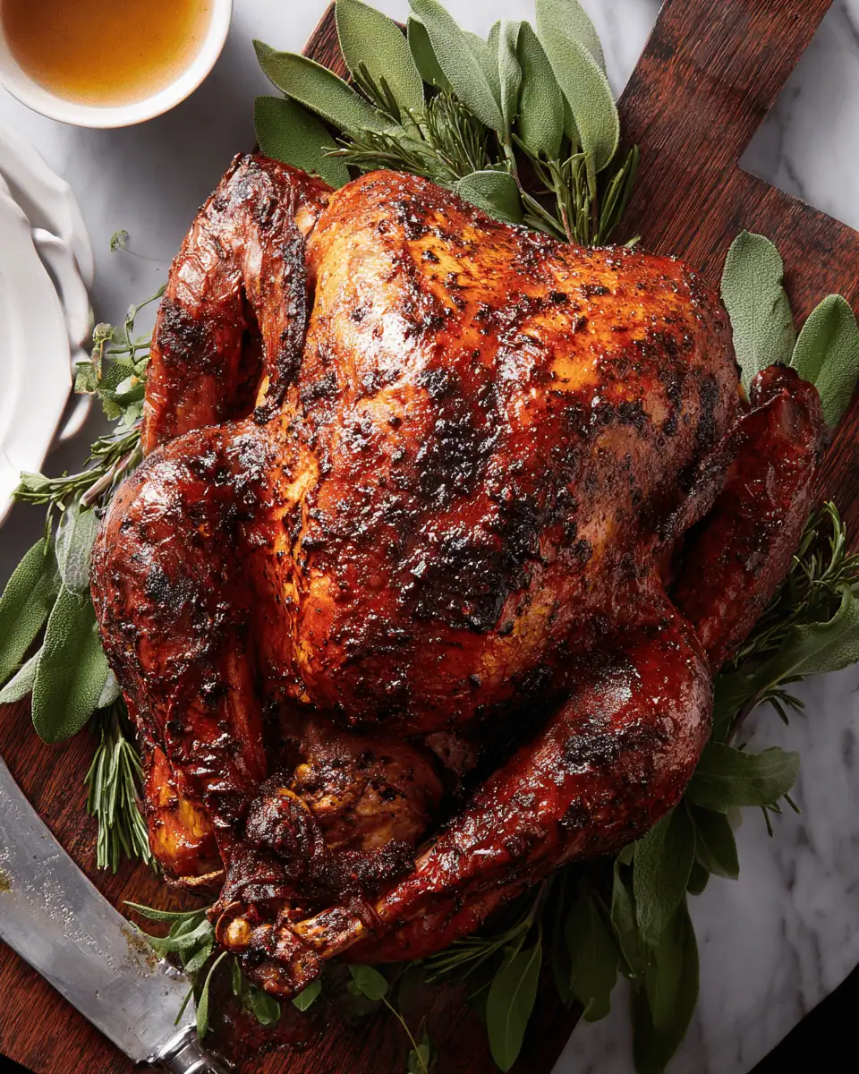 The Ultimate Crispy-Skin Oven-Roasted Turkey (Stress-Free Method!) 2 The finished roasted turkey centerpiece surrounded by side dishes on a holiday table.