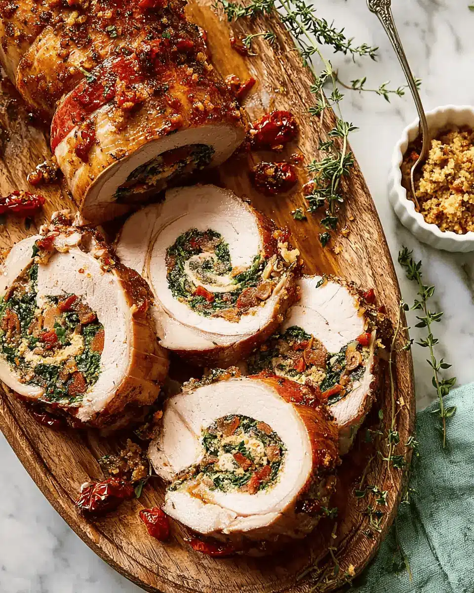 Stuffed Pork Loin with Mustard Greens, Bacon & Sun-Dried Tomatoes 2 A raw, rolled pork loin being tied with kitchen twine on a cutting board, showing the filling inside.