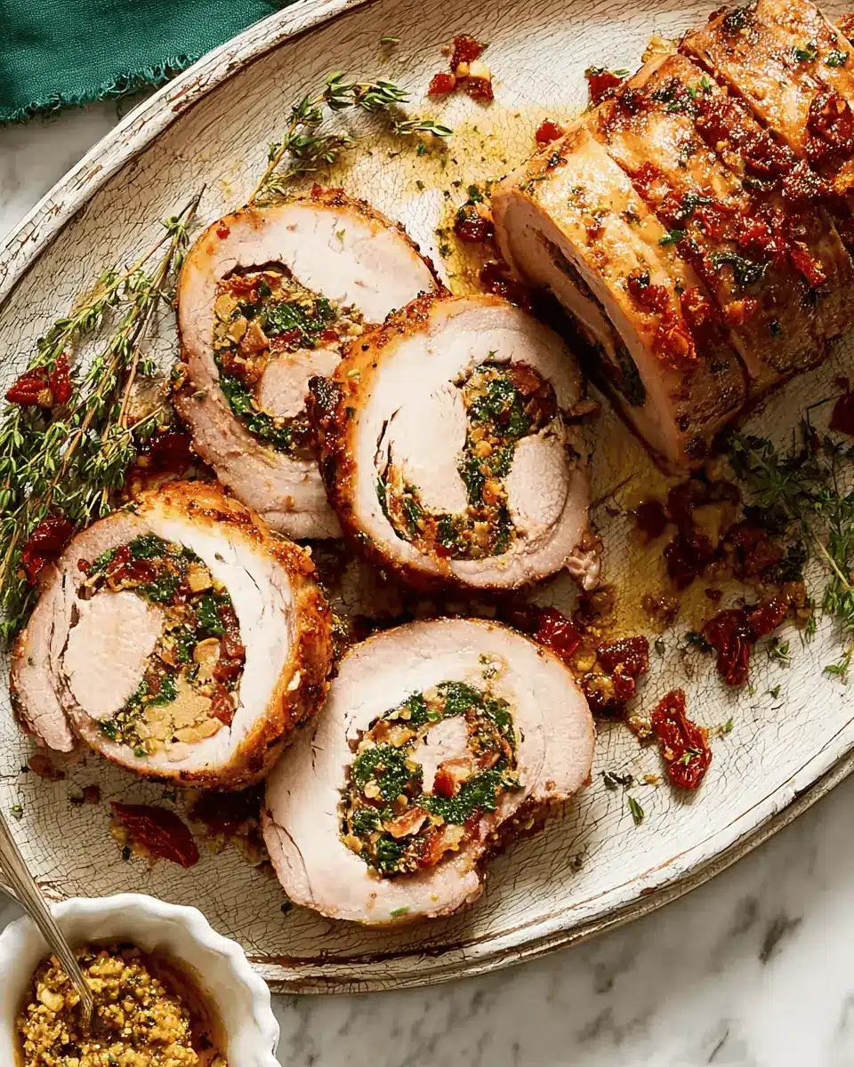 The entire golden-brown, mustard-crusted stuffed pork loin resting on a cutting board, ready to be sliced.
