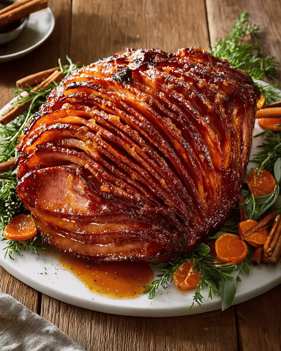Maple-Bourbon Glazed Ham: The Ultimate Sticky Holiday Centerpiece 3 A whole roasted spiral-cut ham with a dark, sticky maple-bourbon glaze served on a holiday platter.