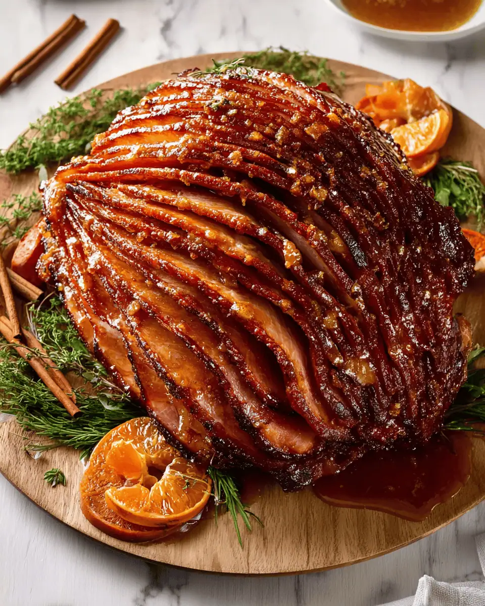Maple-Bourbon Glazed Ham: The Ultimate Sticky Holiday Centerpiece 2 A pastry brush applying a thick, amber-colored maple glaze to a hot spiral ham in a roasting pan.