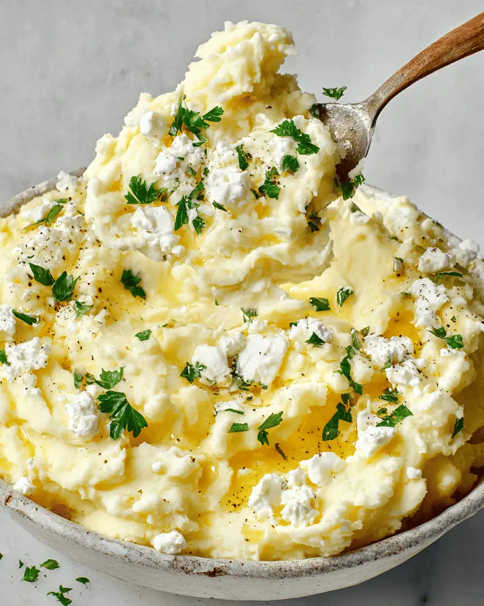 Garlic & Feta Mashed Potatoes (A Salty, Tangy Holiday Twist!) 2 A close-up shot of the garlic feta mashed potatoes, showing the creamy texture and flecks of green parsley.