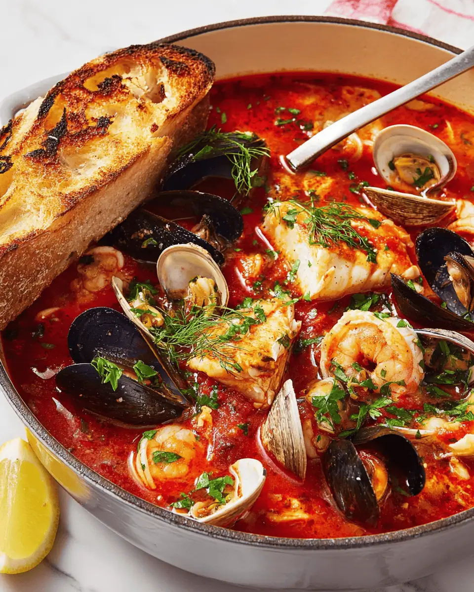 Classic Cioppino - San Francisco's Famous Seafood Stew 1 A bowl of Cioppino served with a side of crusty baguette slices, ready for dipping.