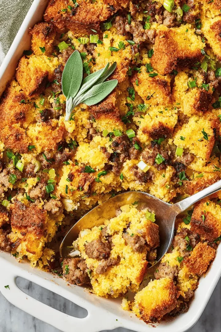 A 9x9 baking dish of golden-brown cornbread dressing, with a crispy top crust.