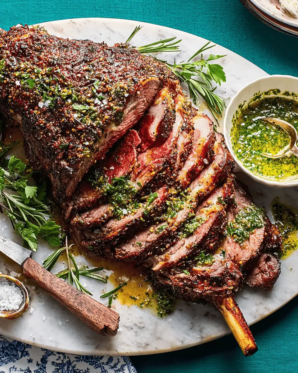 Herb-Crusted Roasted Leg of Lamb with Fresh Mint Sauce 3 A whole roasted bone-in leg of lamb with a golden herb crust resting on a wire rack.