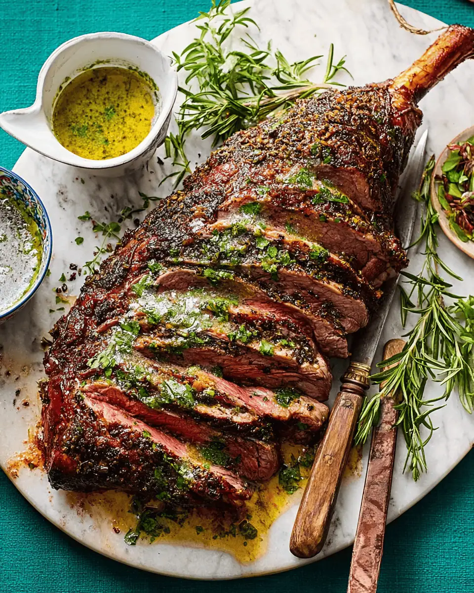 Herb-Crusted Roasted Leg of Lamb with Fresh Mint Sauce 2 Close-up of a knife scoring the fat cap of a raw leg of lamb before seasoning.