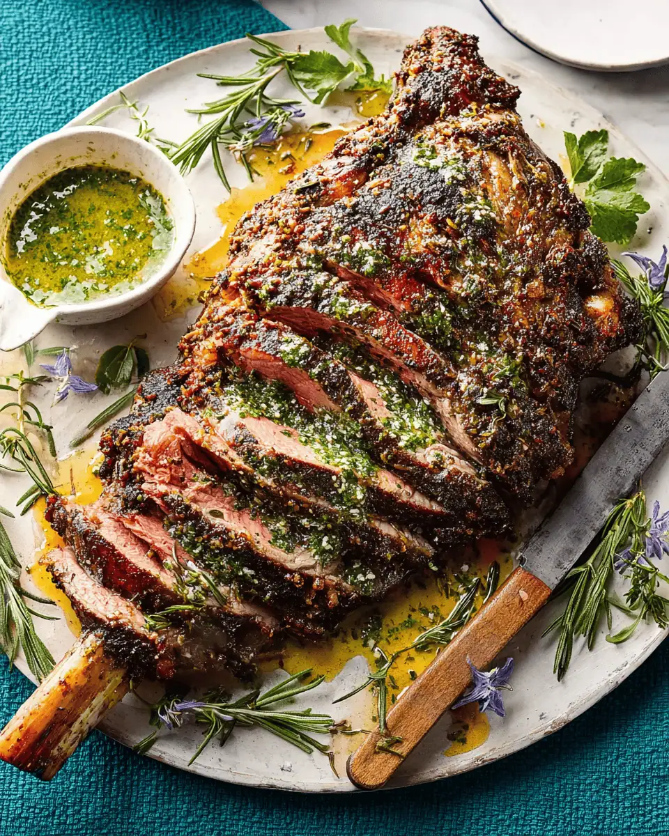 Herb-Crusted Roasted Leg of Lamb with Fresh Mint Sauce 1 A bowl of bright green parsley and mint sauce with olive oil and vinegar.