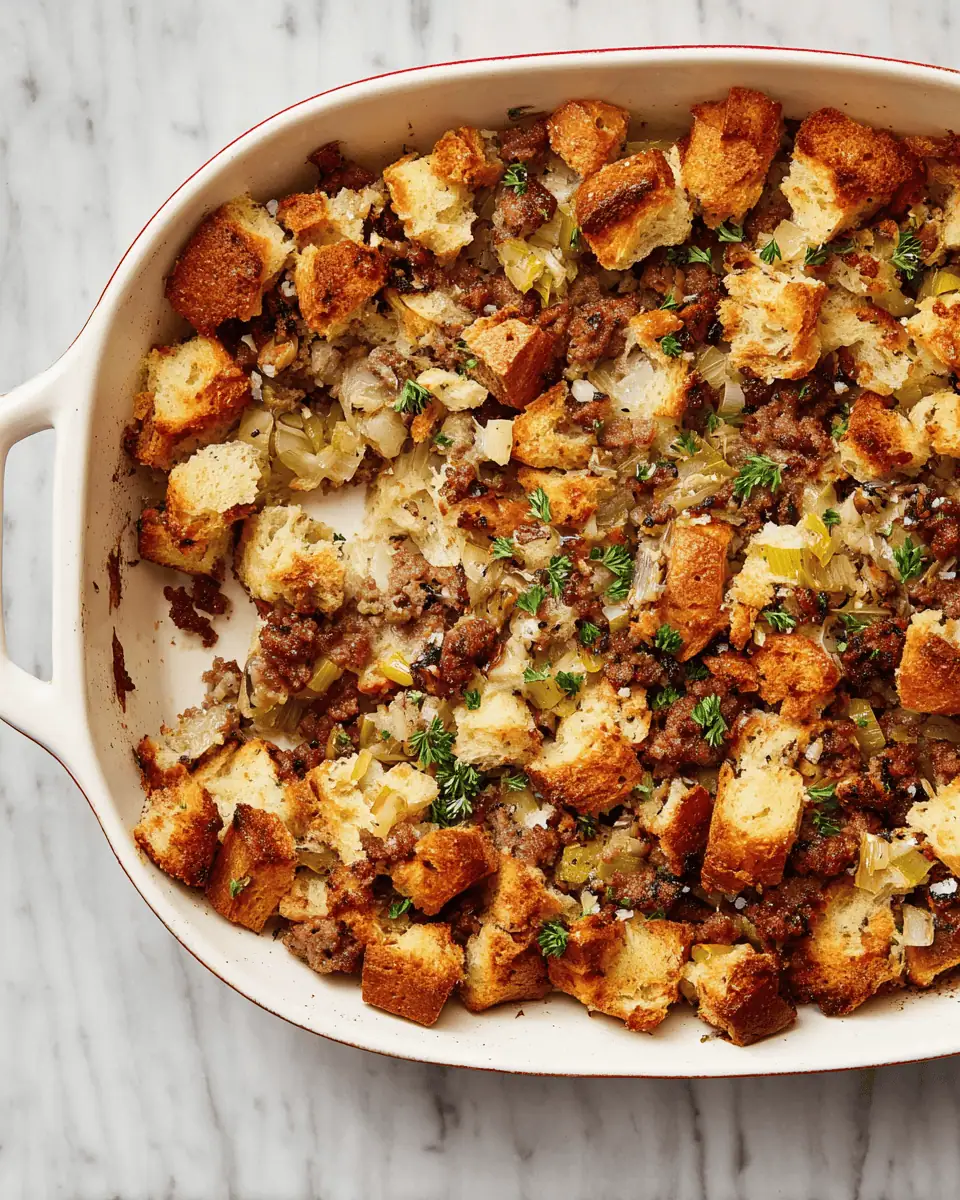 The Best-Ever Oyster Stuffing (for Thanksgiving!) 2 An overhead view of the entire baked oyster stuffing, showing the golden, rustic, and crispy top crust.