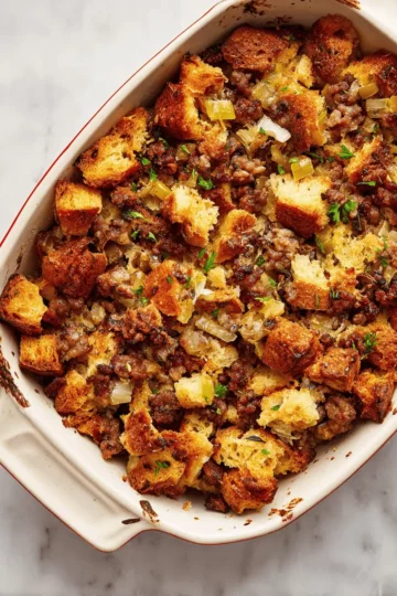A serving spoon lifting a large, moist scoop of oyster stuffing, showing the sausage, herbs, and bread.