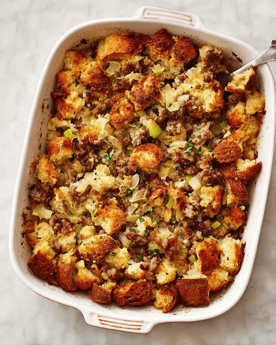 The Best-Ever Oyster Stuffing (for Thanksgiving!) 3 A 9x13 glass baking dish of golden-brown, crispy-topped oyster stuffing, fresh from the oven and garnished with parsley.