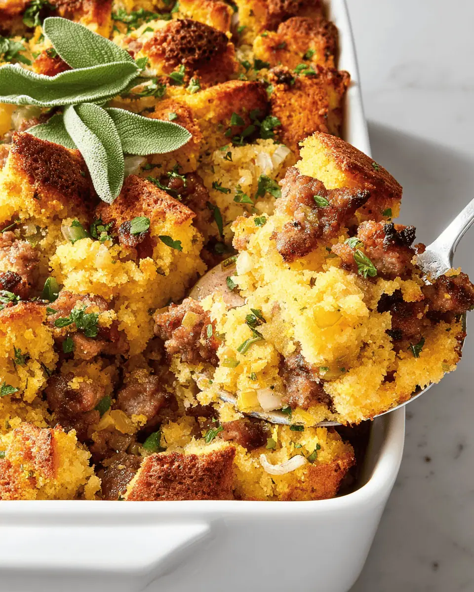 Easy Cornbread Dressing - The Ultimate Southern Side Dish 2 An overhead view of the entire baked cornbread dressing, garnished with fresh parsley.