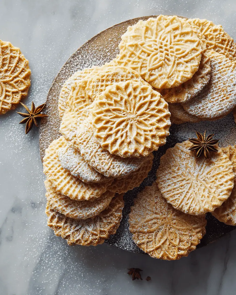 Oven-Baked Pizzelles - Crisp Italian Cookies 4 A pair of pizzelle cookies served on a small plate next to a cup of dark coffee.