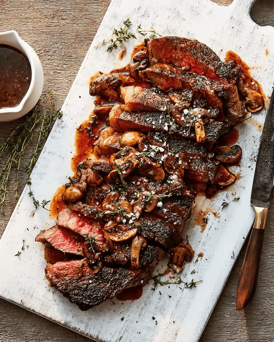 Pan-Seared Rib-Eye with Classic Mushroom-Hunter's Sauce 3 sliced-steak-texture Close-up of medium-rare steak slices showing a pink center and brown crust with sauce drizzled over.