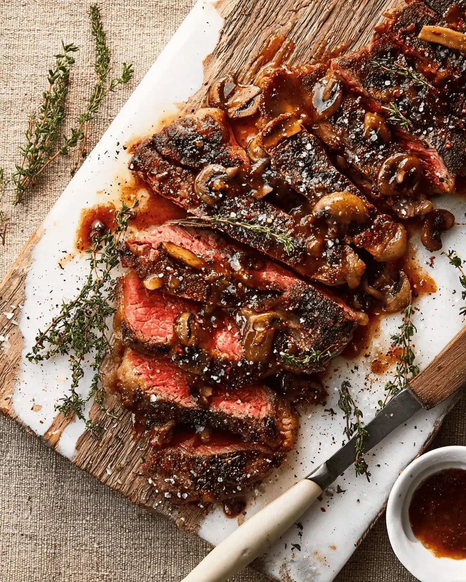 Pan-Seared Rib-Eye with Classic Mushroom-Hunter's Sauce 1 searing-steak-cast-iron A thick rib-eye steak searing in a cast iron skillet with foaming butter and herbs.