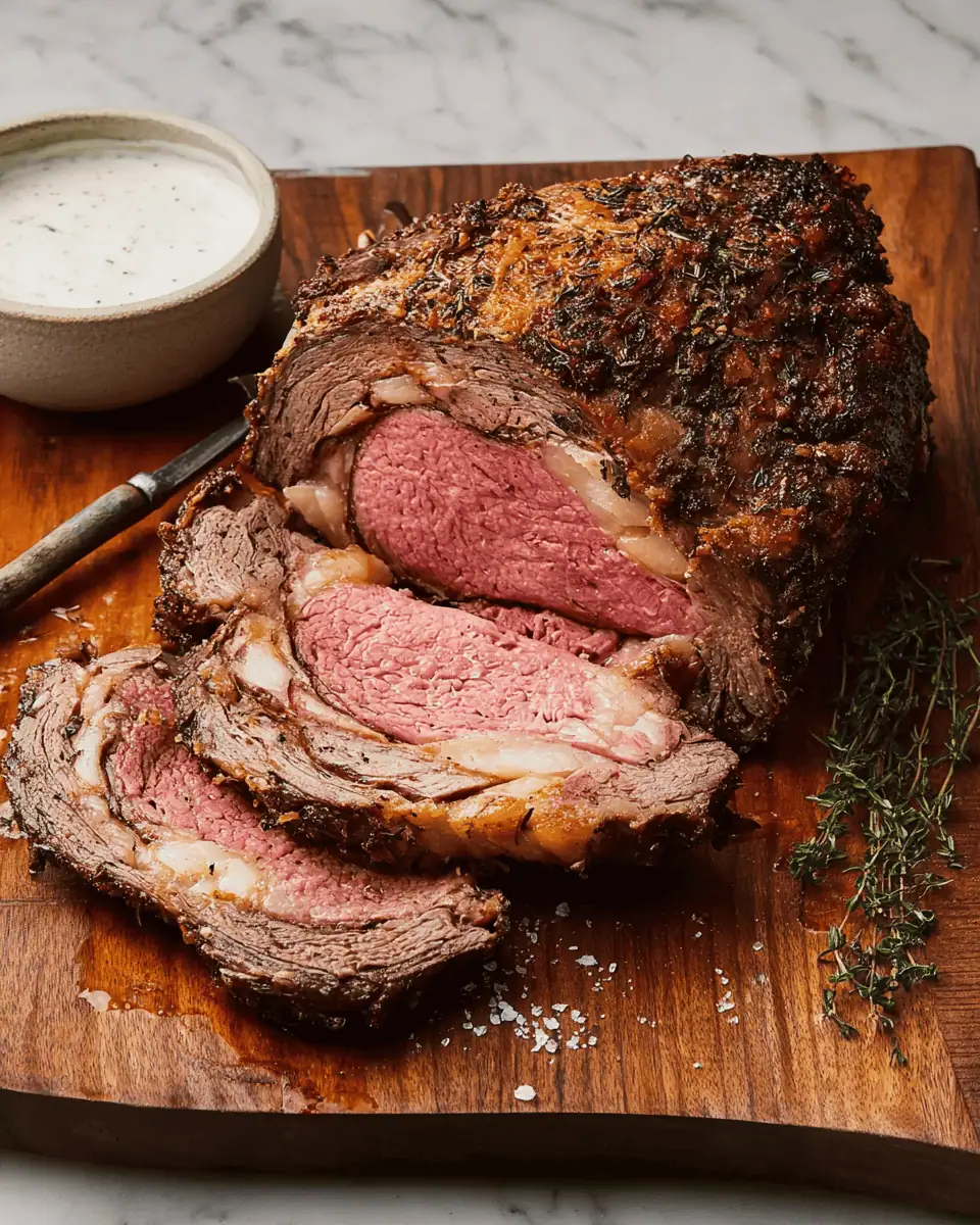 Prime Rib With Horseradish Dipping Sauce - The Ultimate Holiday Roast 3 A perfectly roasted prime rib on a cutting board, sliced to show a rosy-pink medium-rare interior.