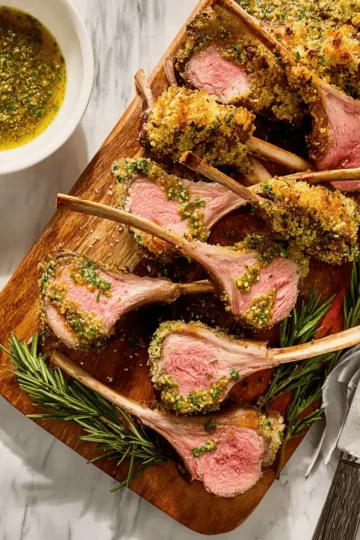 A beautifully roasted, herb-crusted rack of lamb, sliced and served on a platter.