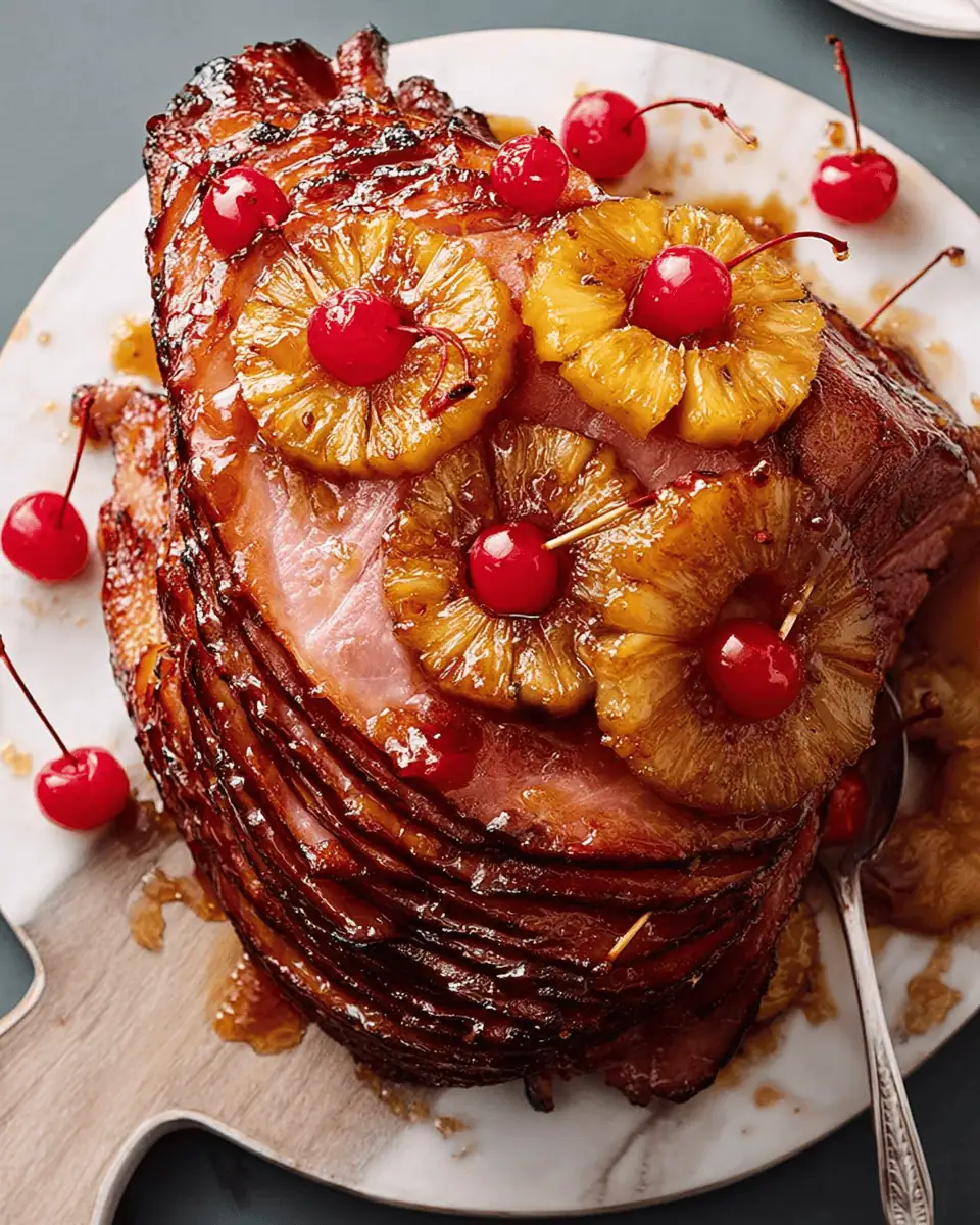 Perfect Baked Ham with Brown Sugar and Pineapple Glaze 3 Carving the golden-brown baked ham on a wooden cutting board, with pineapple and cherry garnishes.