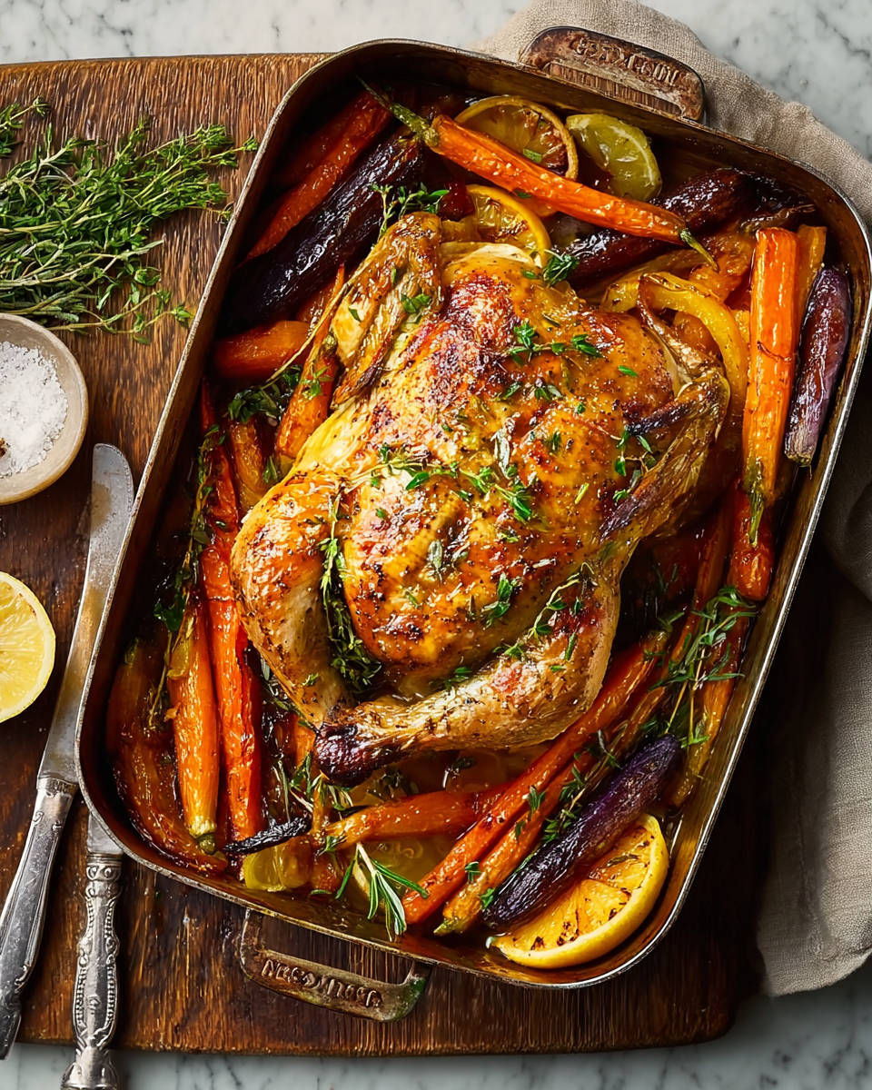 One-Pan Lemon Roast Chicken with Rainbow Carrots 2 Raw whole chicken being stuffed with lemon and herbs and tied with kitchen twine.