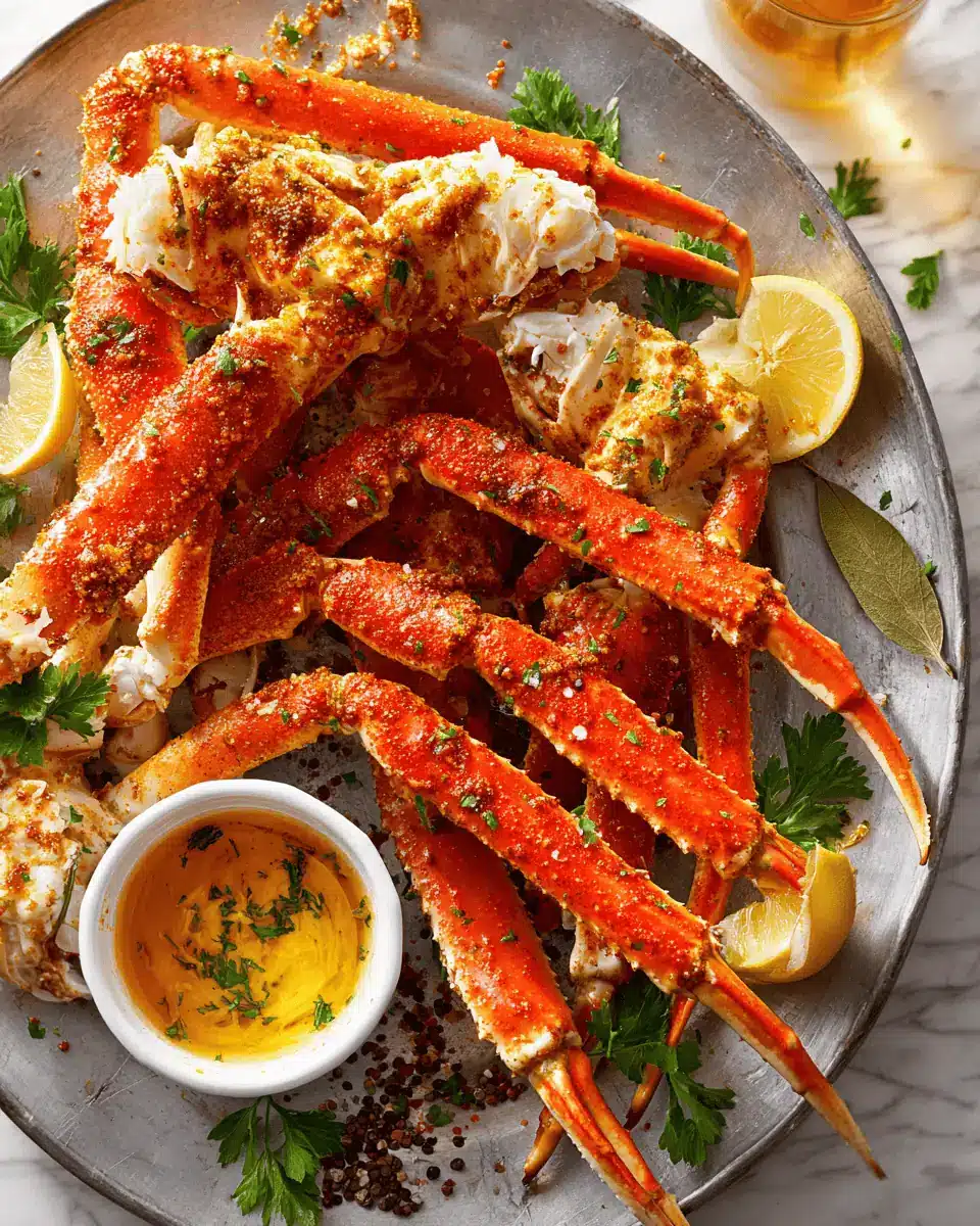 How to Cook Crab Legs (4 Easy Ways!) 1 A cluster of cooked crab legs on a plate, next to a small white bowl of golden, melted garlic butter.