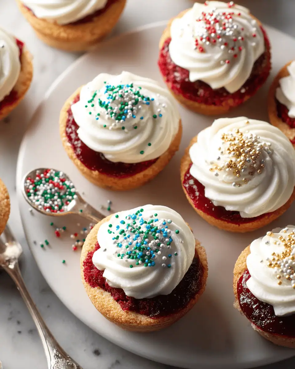 Little Holiday Cakes: A Red Velvet and Raspberry Pie-Cupcake Hybrid 4 Close up of a single holiday cake with white frosting and red and green sprinkles.