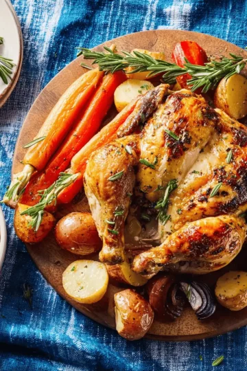 A roasted Cornish hen being carved or cut in half with kitchen scissors on a wooden board.