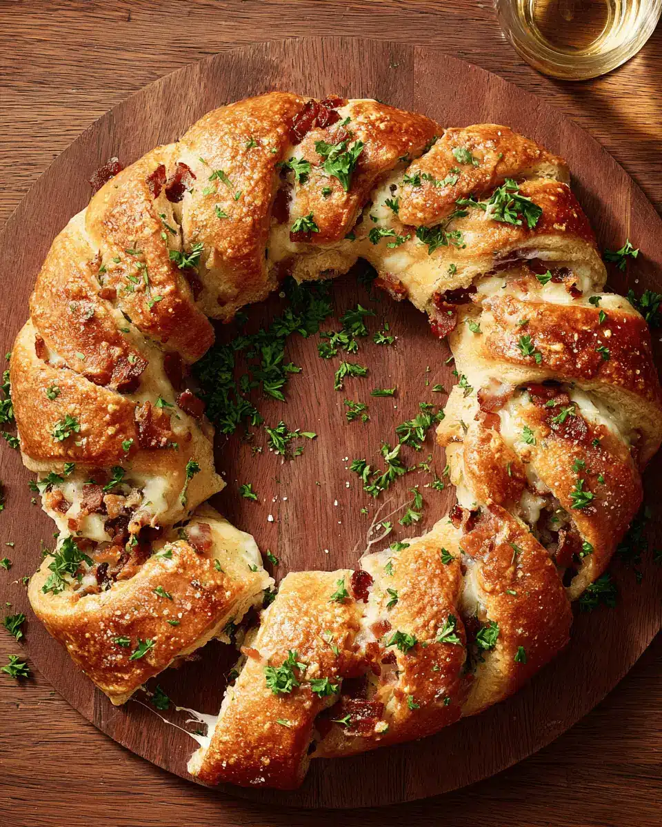 Easy Bacon Brie Crescent Wreath (Perfect Holiday Appetizer!) 1 A whole, golden-brown baked crescent wreath on a platter, showing the gooey brie and bacon filling.