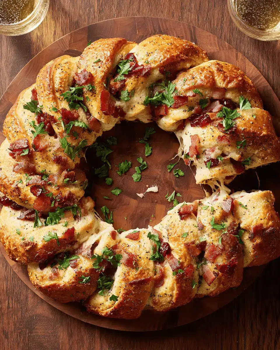 Easy Bacon Brie Crescent Wreath (Perfect Holiday Appetizer!) 2 An overhead shot of the entire baked crescent wreath on a parchment-lined baking sheet.