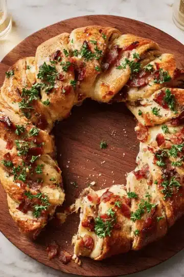 A hand pulling a single, cheesy section of the bacon brie crescent wreath from the platter.