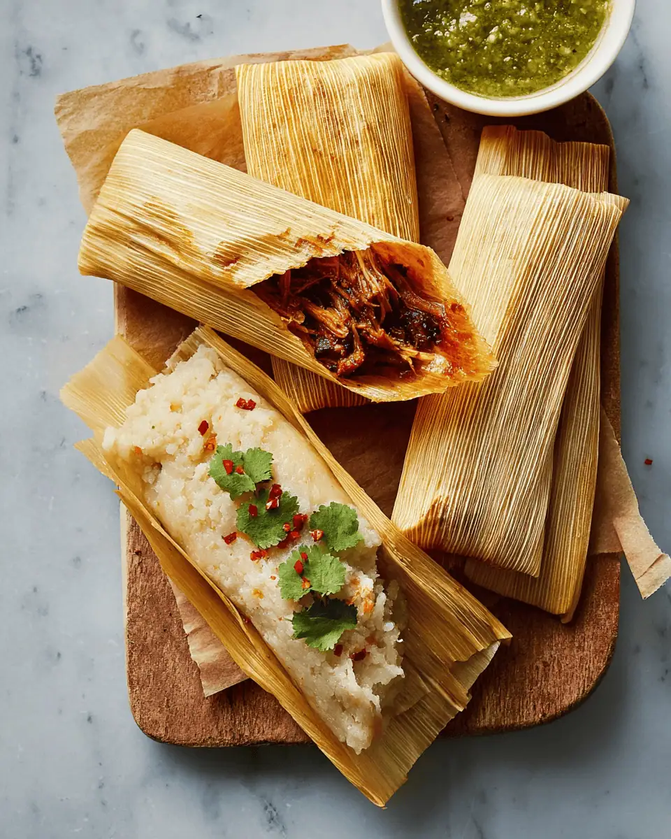 A parchment paper square with masa dough spread and a line of savory filling in the center.