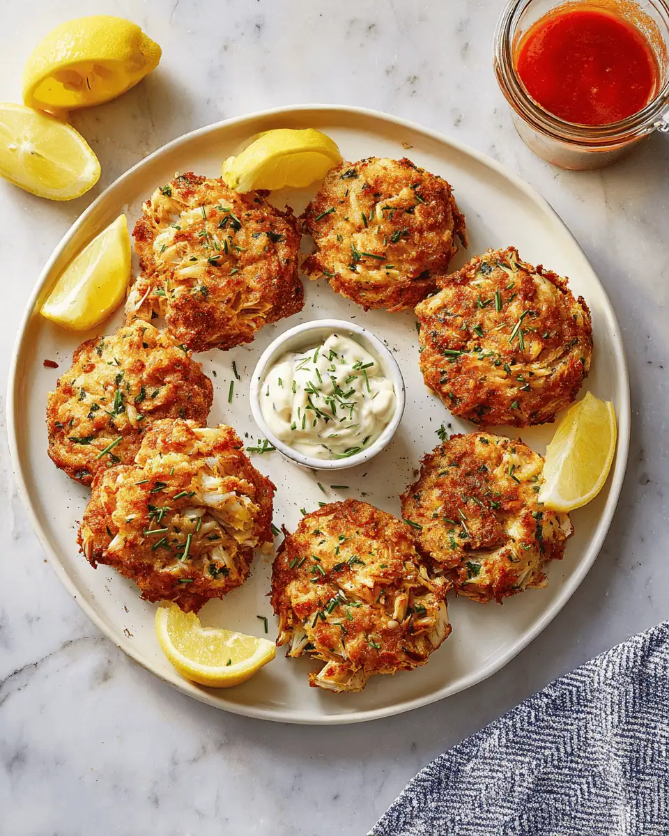 The Best Crispy Air Fryer Crab Cakes (Easy 15-Minute Recipe!) 2 A platter of golden-brown, crispy air fryer crab cakes, garnished with fresh chives and lemon wedges.