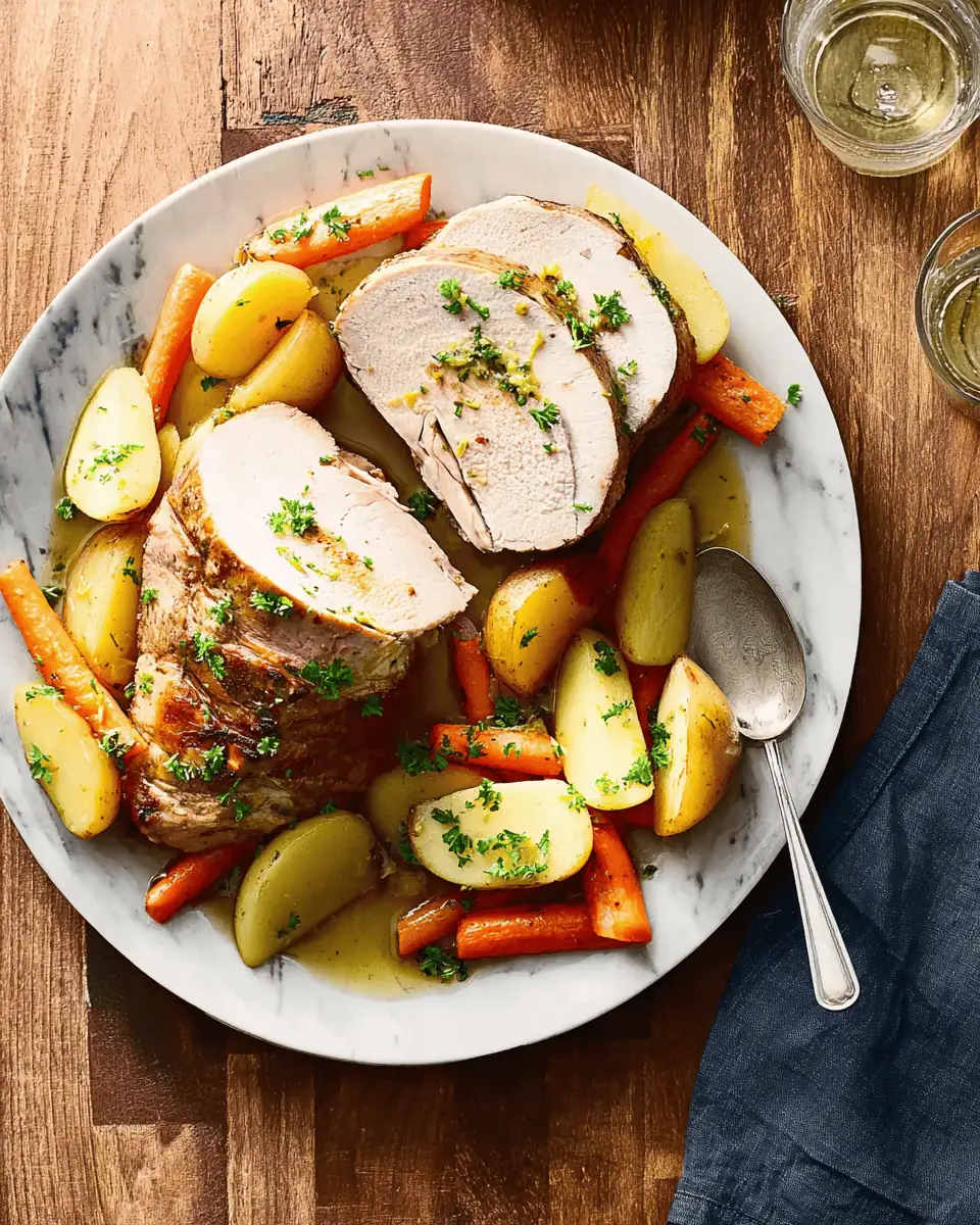 Slow-Cooker Pork Roast with Herbed Root Vegetables 3 A platter of sliced slow-cooker pork loin, served over roasted Yukon Gold potatoes and carrots, topped with fresh herb gremolata.