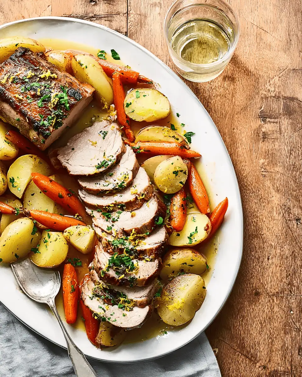 Slow-Cooker Pork Roast with Herbed Root Vegetables 4 A hand carving the herb-crusted pork loin roast on a wooden board, with the braising juices drizzled over the slices.