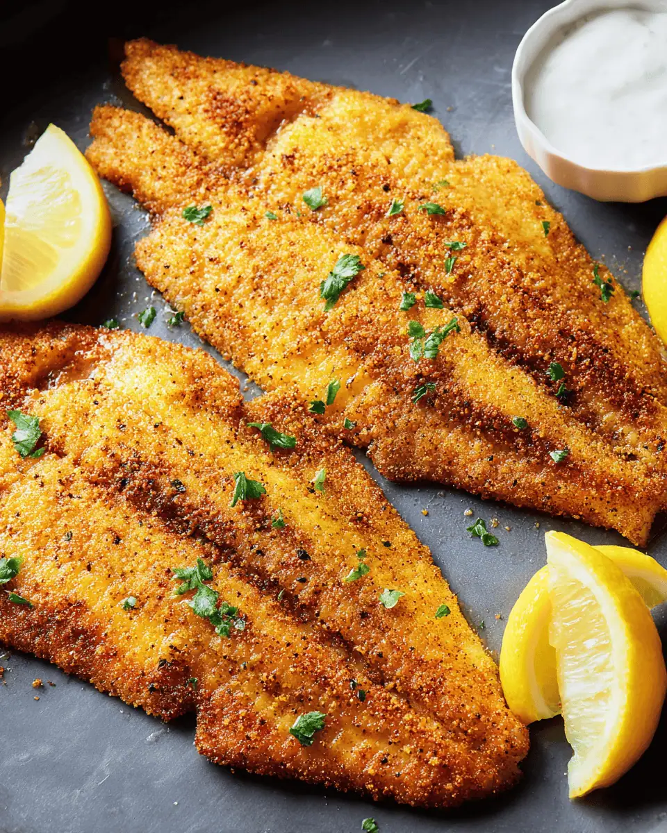 Easy Baked Catfish - Crispy Cornmeal Crust 3 A serving platter of golden-brown, crispy baked catfish fillets, garnished with fresh parsley and lemon wedges.