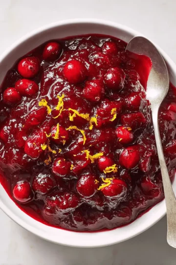 A glass bowl of bright red, fresh cranberry relish, showing the chunky texture of the pulsed fruit.