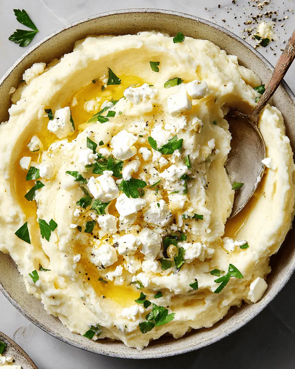 Garlic & Feta Mashed Potatoes (A Salty, Tangy Holiday Twist!) 1 A bowl of fluffy garlic feta mashed potatoes on a Thanksgiving table, next to a gravy boat.