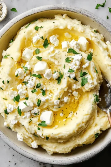 A spoon lifting a large, fluffy scoop of garlic feta mashed potatoes from a rustic pot.