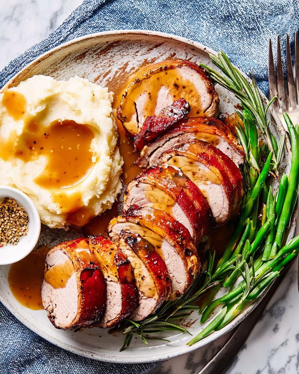 Bacon Wrapped Pork Tenderloin with Apricot Sherry Glaze 1 A single slice of bacon wrapped pork tenderloin drizzled with the glossy apricot sherry glaze.