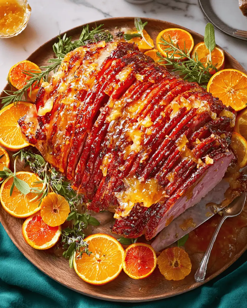 Perfect Honey-Glazed Ham with Orange and Ginger 2 A close-up of a thick slice of honey-glazed ham being carved, showing the juicy meat and lacquered edge.