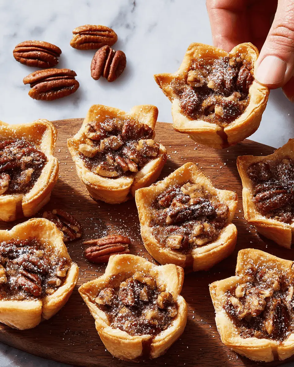 Easy Pecan Pie Bites - Crescent Roll Shortcut 3 A platter of chilled pecan pie bites, arranged for serving at a holiday party.