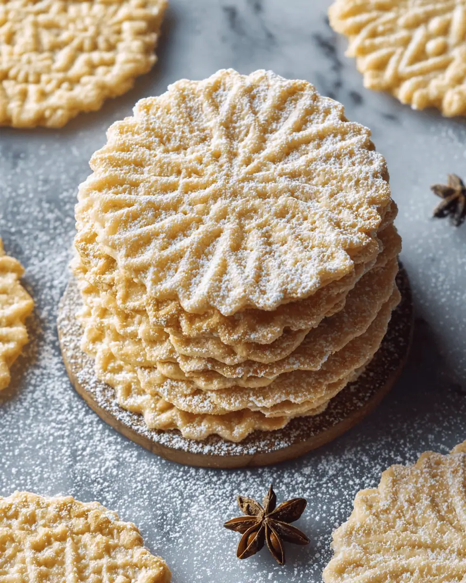 Oven-Baked Pizzelles - Crisp Italian Cookies 2 A festive platter of delicate, round, oven-baked pizzelle cookies dusted heavily with powdered sugar.