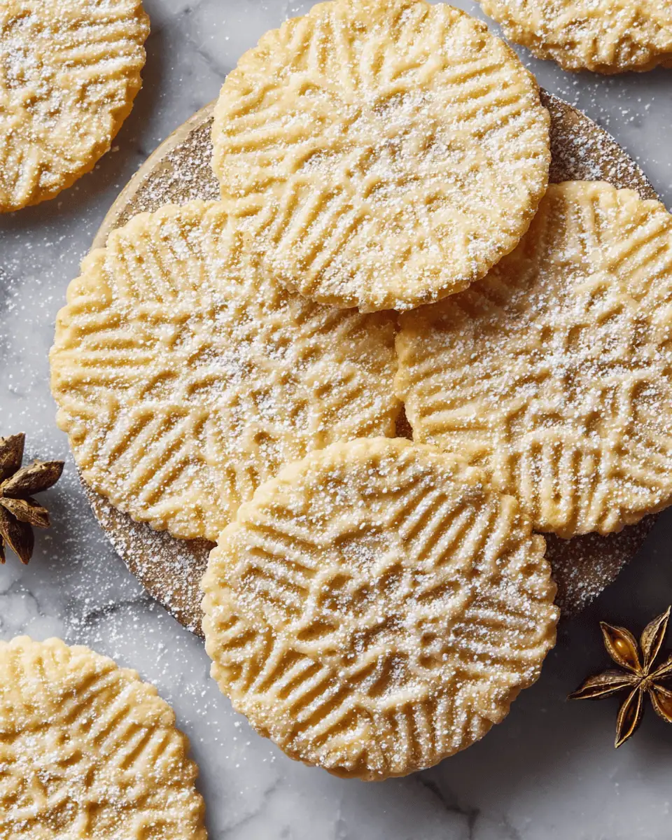 Several oven-baked pizzelles cooling on a wire rack after being dusted with white powdered sugar.