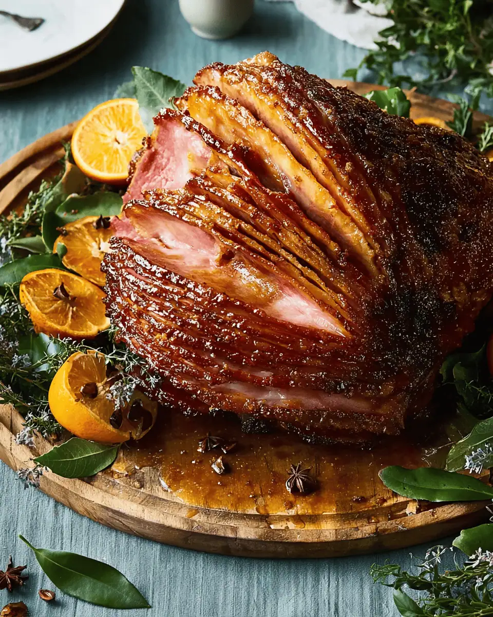 Perfect Spiral-Cut Ham with 3 Custom Glazes 3 A basting brush applying a thick, amber-colored ginger-clove glaze onto the hot ham slices.