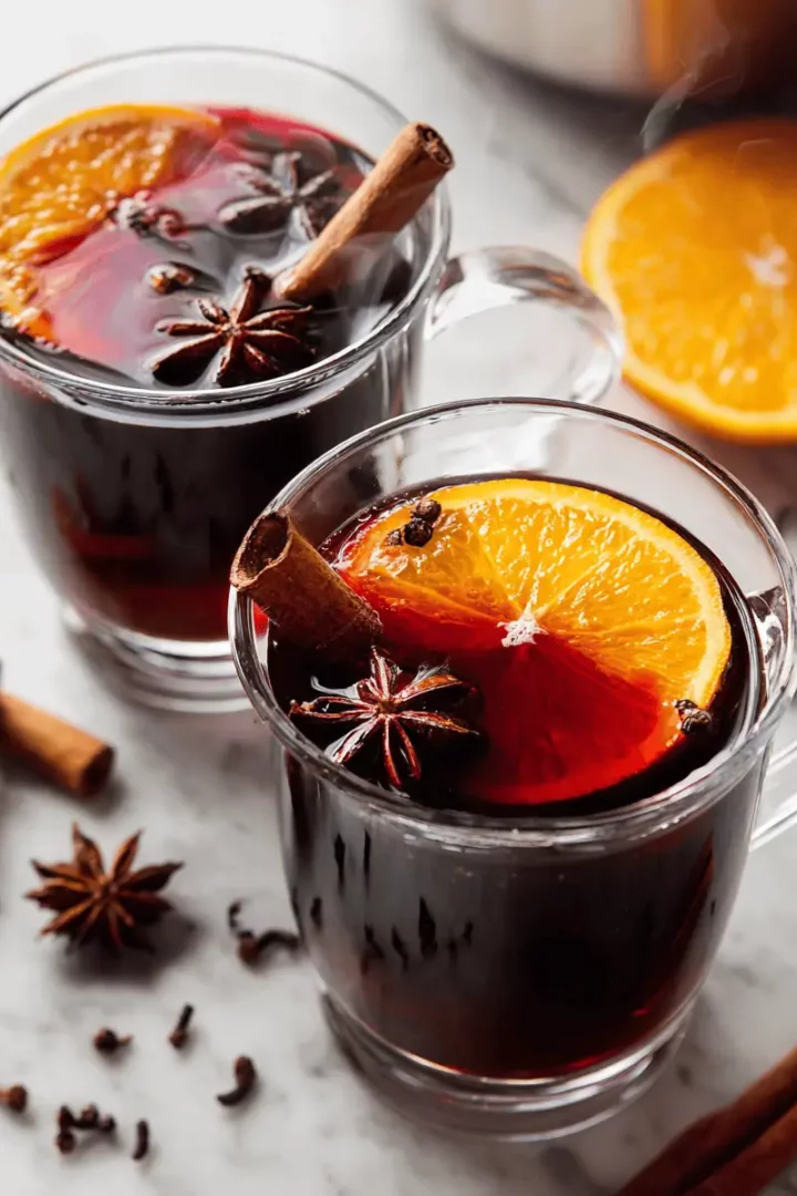 A red wine mixture simmering in a saucepan with whole cinnamon sticks and orange slices.