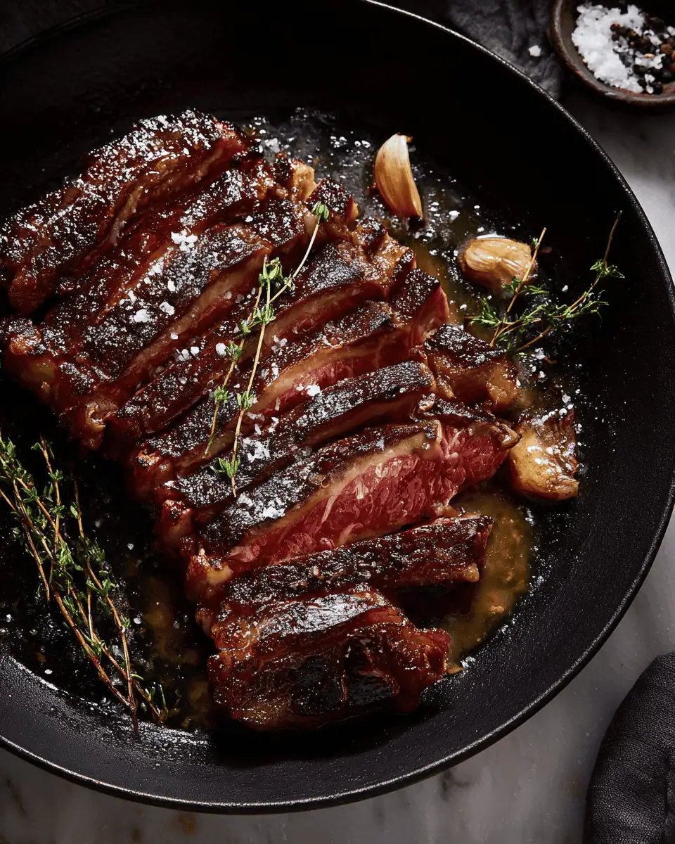Cast-Iron Skillet Steak - The Ultimate Reverse Sear 2 A close-up of a steak being basted with foaming butter, garlic, and thyme in a cast-iron skillet.