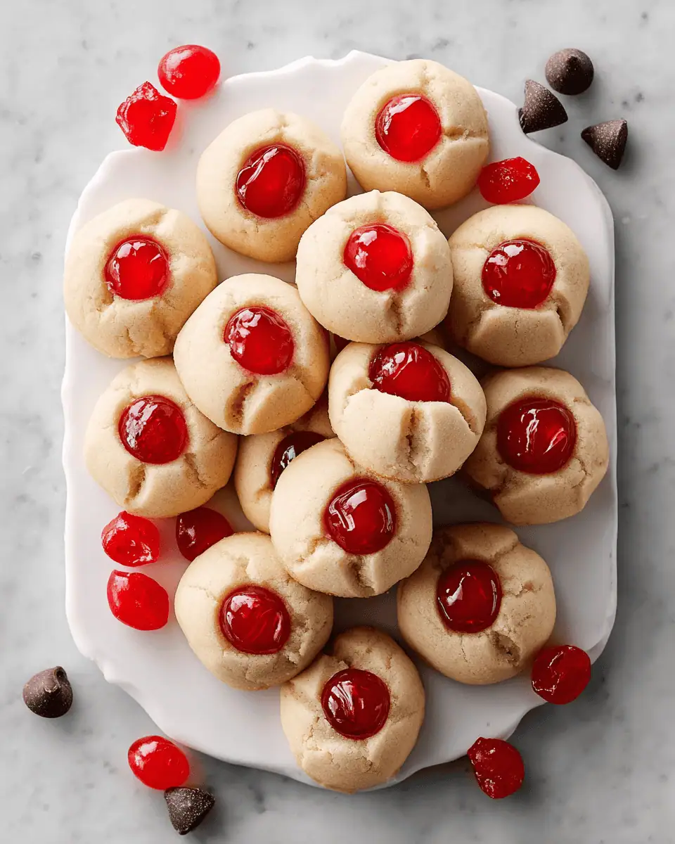 Cherry Surprise Cookies: A Hidden Chocolate Center Recipe 3 A platter of sugar cookies topped with red candied cherries with a hidden chocolate center.